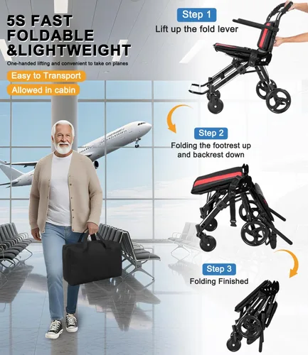 Vista 3 de Sillas de ruedas para adultos, silla de ruedas de transporte, sillas plegables ligeras con frenos de mano, sillas de ruedas portátiles de viaje