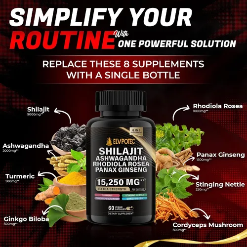 Vista 2 de ELVPOTEC 9000 mg Shilajit, 2000 mg Ashwagandha Energy Booster, 1000 mg Rhodiola Rosea, 1500 mg Panax Ginseng, 500 mg de cúrcuma, Ginkgo, 250 mg