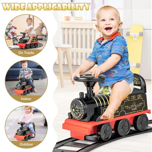 Vista 9 de OLAKIDS Kids Ride On Train with Track, 6V Electric Toy with Lights and Sounds, Retractable Footrest, Under Seat Storage, Christmas Theme Battery