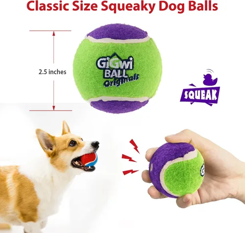 Vista 3 de Gigwi Pelota de tenis chirriante para perros, pelota interactiva para perros pequeños y medianos, juguete de goma colorido y de rebote alto de 2.5