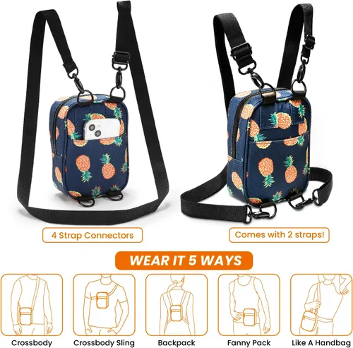 Vista 4 de Bolso bandolera para mujeres y hombres, 5 en 1, multiuso de poliéster reciclado, mochila cruzada, Pineapples, Bolso bandolera