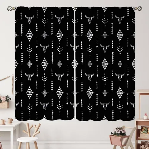 Vista 304 de Cortinas con patrón geométrico tribal, estilo suroeste, azteca, rústico, occidental, nativo americano, opacas, con bolsillo para barra, decoración