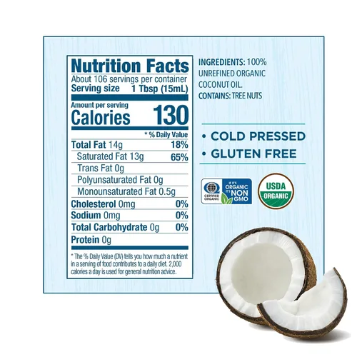 Vista 2 de Carrington Farms Aceite de coco orgánico sin refinar, prensado en frío, sin OMG, sin gluten, perfecto para cocinar, hornear, cuidado de la piel