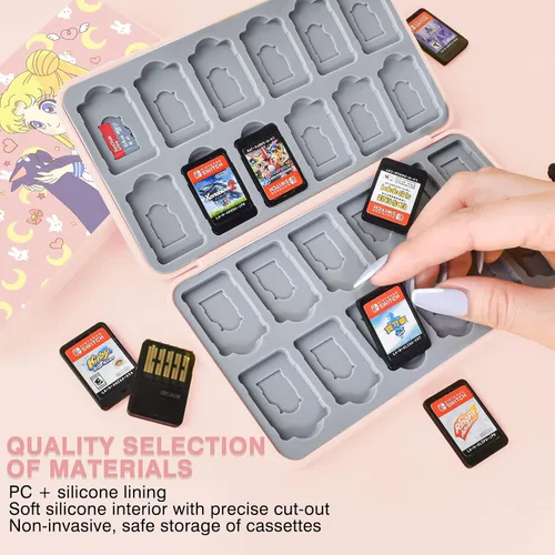 Vista 4 de DLseego Sailor Moon Switch - Funda para juegos con 24 ranuras para Switch Switch Lite y Switch OLED Tarjetas de juego y tarjeta Micro SD caja