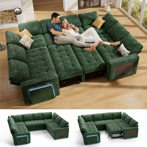 Vista 15 de Vipbear Sofá cama modular en forma de L de 7 asientos con otomana/cama extraíble/respaldo reclinable/puertos USB/mesa/luz LED/asiento de Negro