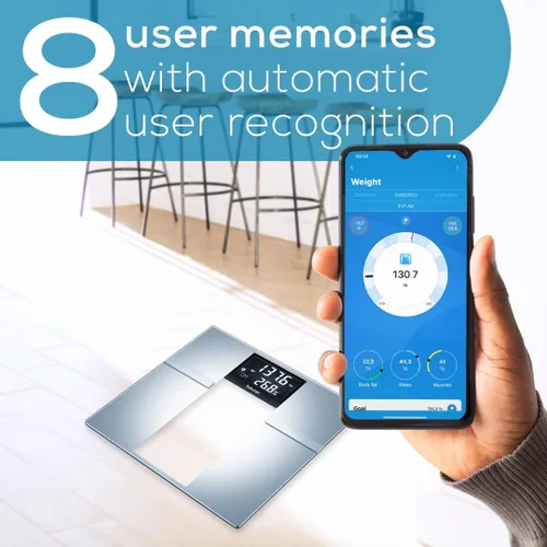 Vista 5 de Beurer Báscula inteligente BF720 para peso corporal, grasa corporal, agua corporal y más, capacidad de 400 libras, aplicación Bluetooth, datos