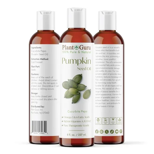 Vista 2 de Aceite de semilla de calabaza de 8 onzas líquidas prensado en frío 100% puro y natural, ideal para hidratar piel, cara, cuerpo y cabello. Ideal