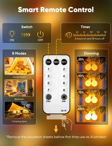 Vista 7 de Minetom Guirnalda de luces con forma de globo, 33 pies, 100 luces LED enchufables, 8 modos con control remoto, mini luces de globo para interiores