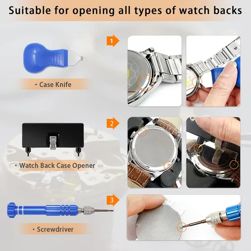 Vista 2 de Kit de reparación profesional de relojes, kit de repuesto de batería para GLDCAPA Watch, herramientas de reparación de relojes con funda
