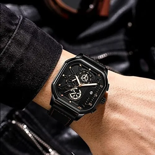 Vista 7 de putouzip Men Square Watch Analog Quartz Luminous Stainless Steel Leather Wristwatch Date Waterproof Chronograph
