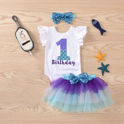 Vista 2 de Conjunto de mameluco de algodón para el primer cumpleaños para niñas con lentejuelas y lazo para la cabeza, 3 piezas