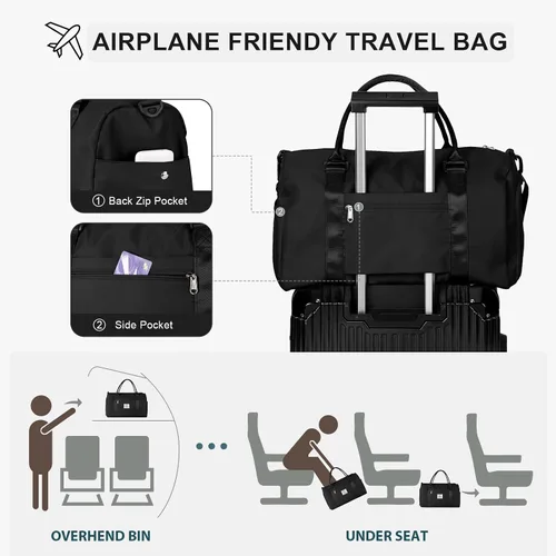 Vista 4 de Bolsa de gimnasio para mujeres y hombres, bolsa de viaje deportiva con compartimento para zapatos y bolsillo húmedo, A-Negro
