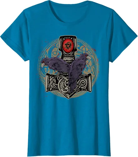 Vista 68 de Thors Hammer Mjolnir Huginn and Muninn Odin Raven - Camiseta, Negro, S