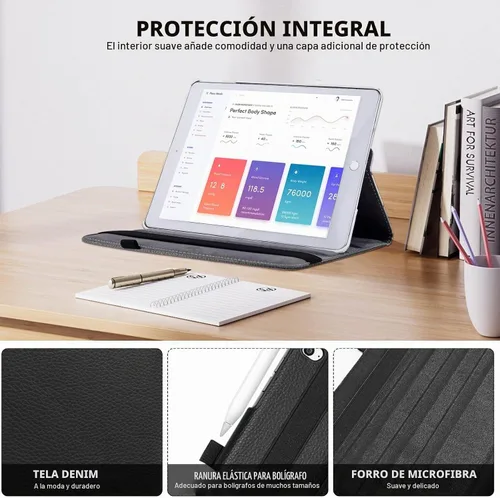 Vista 6 de Funda giratoria para iPad de 9.7 pulgadas 2018 2017 / Funda para iPad Air 2 - Funda protectora con soporte giratorio de 360 grados y función de Negro