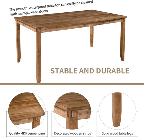 Vista 6 de Quarte Juego de mesa de comedor de 6 piezas, mesa de comedor rectangular de madera maciza, 4 sillas tapizadas y banco, muebles familiares rústicos