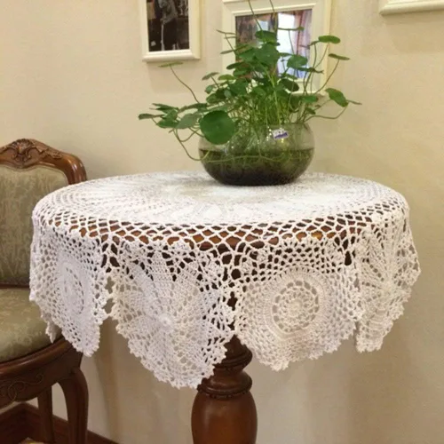 Vista 6 de Hetao Mantel redondo de ganchillo 100% algodón hecho a mano, fundas de mesa de encaje, beige, 27 pulgadas