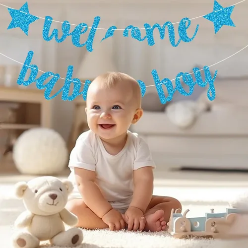 Vista 4 de Decoraciones de baby shower para niños, pancarta de bienvenida con purpurina, banderines colgantes para fiesta de cumpleaños de recién nacidos, Azul
