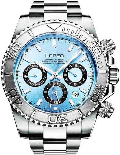 Vista 11 de LOREO Reloj Automático para Hombre de Acero Inoxidable Plateado con Cristal de Zafiro, Bisel de Cerámica, Fecha, Militar, de Buceo, Impermeable Negro