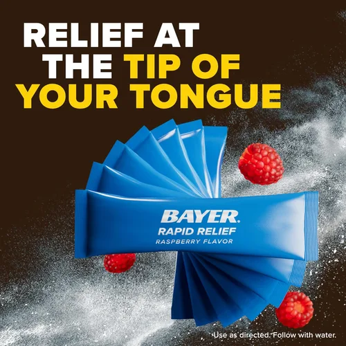 Vista 3 de Bayer® Alivio rápido, sabor a frambuesa soluble, paquetes de polvo con aspirina y cafeína, alivio del dolor de cabeza de acción rápida, alivio
