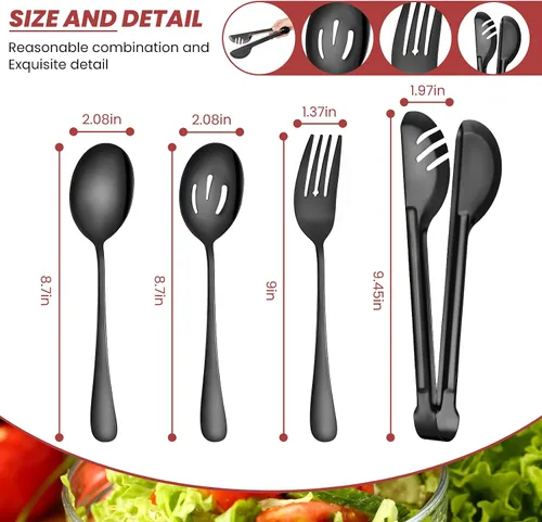Vista 2 de Patelai Juego de 8 utensilios de acero inoxidable negro para servir, cucharas grandes de 8.7 pulgadas y cuchara ranurada, tenedores de 9.45