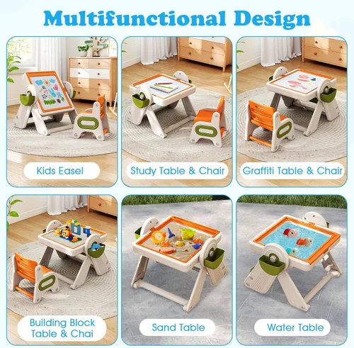 Vista 11 de Costzon Juego de mesa y silla 6 en 1 para niños, caballete de arte plegable con marcadores, borrador, 102 ladrillos compatibles, mesa de bloques