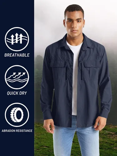 Vista 7 de TACVASEN Camisa de pesca para hombre, camisa de manga larga de secado rápido, camisa táctica con botones, camisa de trabajo ligera safari