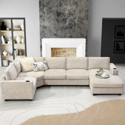 Vista 37 de Moderno sofá modular en forma de U con almohadas para la cintura, sofá cama con diván, sofá tapizado simétrico de felpilla de 6 asientos para sala
