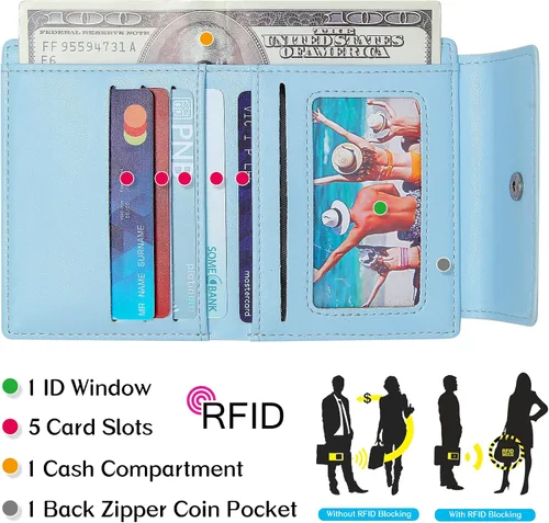Vista 3 de VOCUS Billetera pequeña para mujer, con bloqueo RFID, de piel sintética, tarjetero, mini bolso compacto plegable con bolsillo para monedas
