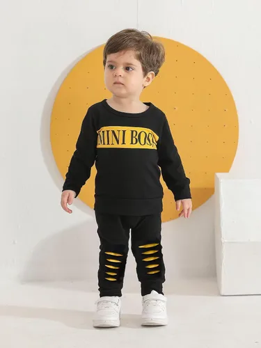 Vista 2 de Conjunto de 2 piezas de sudadera con estampado de letras de manga larga y pantalones para bebé niño