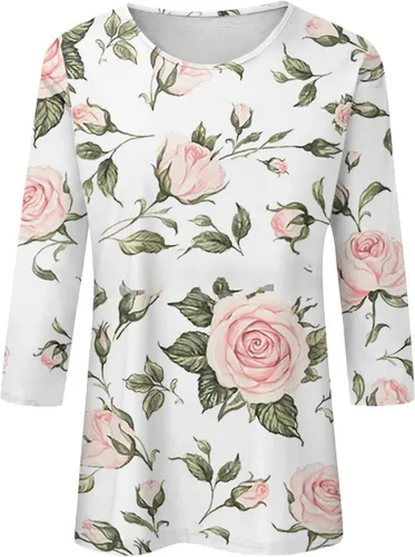 Vista 17 de Camisetas personalizadas para mujer, a la moda, casual, de séptima manga, estampada, cuello redondo, camiseta
