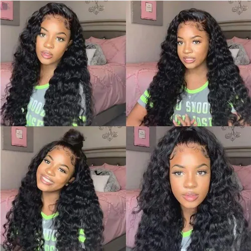 Vista 6 de Pelucas sueltas de cabello humano ondulado profundo con encaje frontal, prearrancado, pelucas de encaje frontal de 13 x 4 para mujeres negras