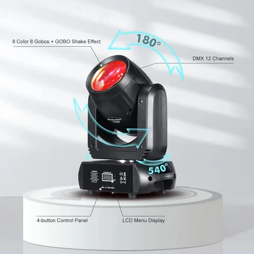 Vista 4 de Luz de cabeza móvil de 150 W, luces de escenario, 8 gobos, 8 colores, 12 canales, focos de haz de 18 caras, prisma DMX 512 con activación por sonido