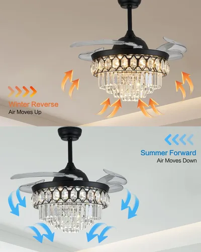 Vista 4 de Ventilador de techo LED de cristal regulable de 42 pulgadas con luces y control remoto, moderno ventilador de iluminación de techo retráctil