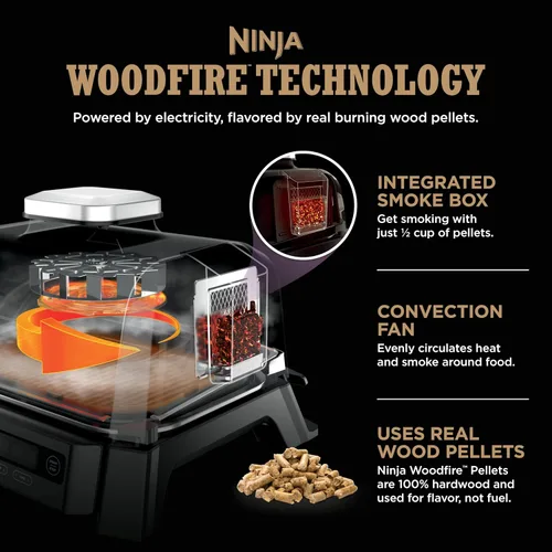 Vista 2 de Parrilla y ahumador Ninja Woodfire para exteriores, funcionalidad 4 en 1, parrilla, ahumado, horneado, asado, sabores auténticos de fuego de leña