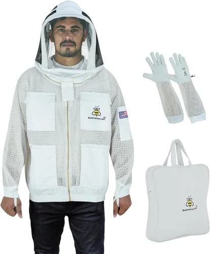 Vista 9 de 3-Layer Ventilated Mesh Bee Jacket for Men & Women with Veils Sting-Proof Beekeeping Jacket with Leather Gloves & Bag