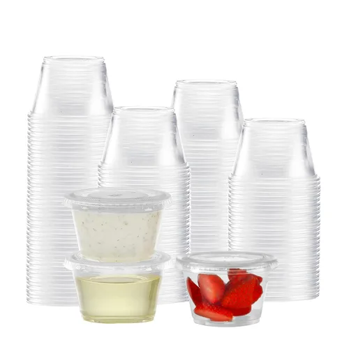 Vista 9 de TashiBox Juego de 100 vasos de plástico desechables con tapas, vasos de chupito de gelatina para soufflé