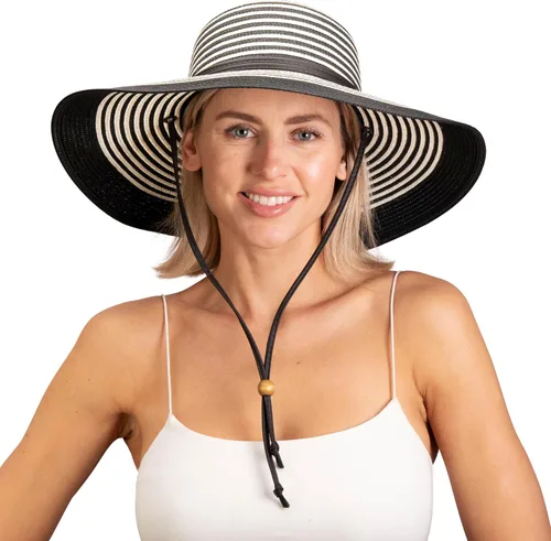 Vista 7 de Sloggers Sombrero de sol trenzado de ala ancha para mujer con cordón de viento, protección solar máxima UPF 50+ Marrón claro