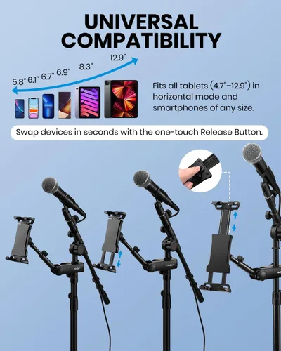 Vista 3 de Moukey Soporte ajustable para tablet con clip para teléfono compatible con soporte de micrófono y soporte de música, compatible con todos los iPad