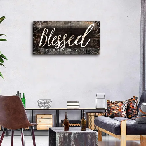 Vista 2 de MESESE Arte de pared en lienzo con cita para el hogar bendecido Decoración de pared marrón para sala de estar Blessed is the home Christian Wall