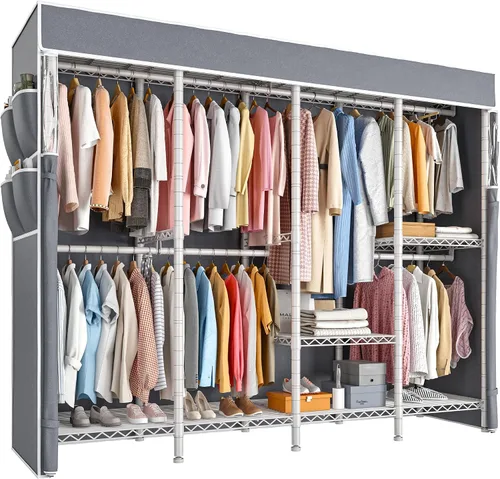 Vista 11 de Raybee Perchero de ropa con cubierta, perchereros para colgar ropa resistente, armario portátil con estantes, ajustable, carga de 905 LBS, negro