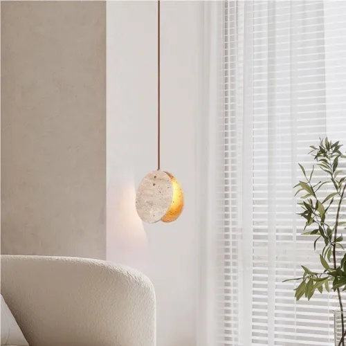 Vista 4 de Farmhouse Pendant Lights Fixtures Mini Natural Yellow Travertine Hanging Lamp Japanese Wabi-Sabi Height Adjustable Chandelier for Living Room