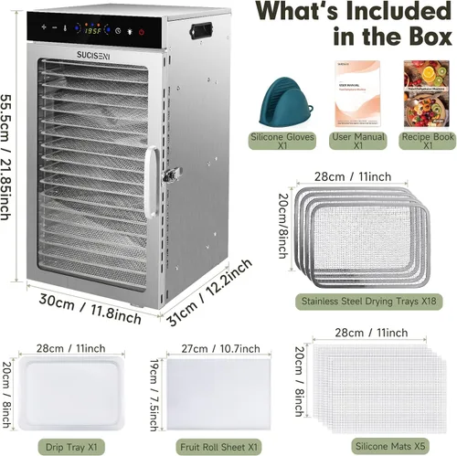Vista 2 de SUCISENI Máquina deshidratadora de alimentos de 1000 W, 18 bandejas de acero inoxidable, secadora comercial de alimentos deshidratados