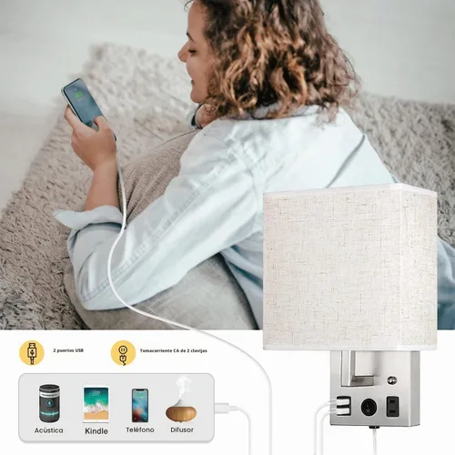 Vista 6 de CADUKE Juego de 2 lámparas de pared de noche, lámpara de pared enchufable con puertos de carga USB y toma de corriente alterna, apliques de pared