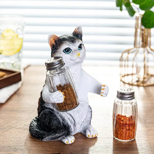Vista 3 de Juego de salero y pimentero de resina con soporte y tarros de especias de cristal, decoración de cocina para amantes de los gatos, figura de gato