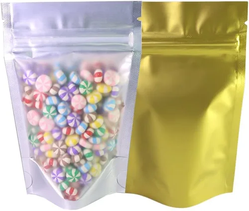 Vista 21 de 100 bolsas de sellado con cremallera resellables de papel metálico de color transparente esmerilado para ventana (negro, soporte 2 onzas)