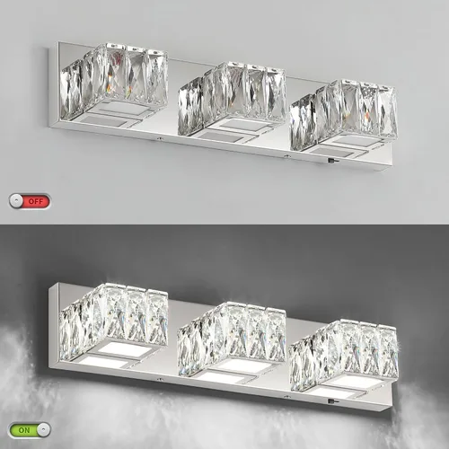 Vista 6 de Lámpara LED de baño – Moderna lámpara de tocador de cristal de 3 luces – Lámpara de pared cromada para baño 5CCT regulable