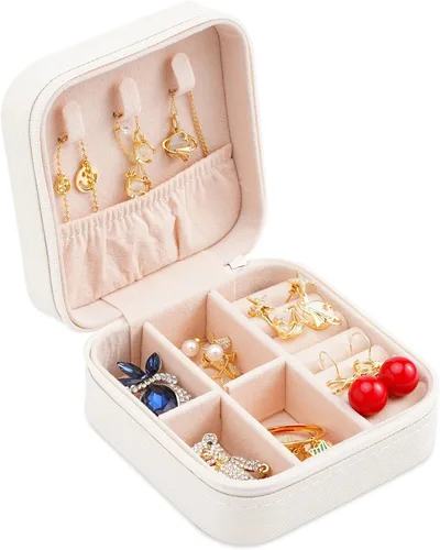 Vista 7 de Mini joyero portátil de viaje de cuero para joyas organizador de anillos caja de regalo para niñas y mujeres blanco