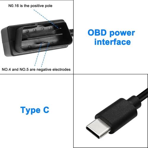 Vista 3 de XMSJSIY Cable de alimentación OBD para cámara de tablero tipo C OBD2 adaptador de cable de alimentación Cable de carga de cable duro con conector