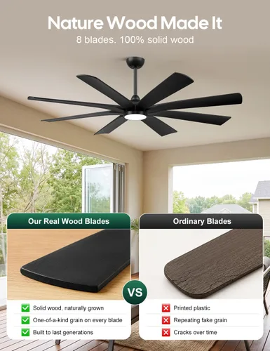 Vista 5 de 65 inch Smart Ceiling Fan with Light, 8 Black Solid Wood Blades, High CFM