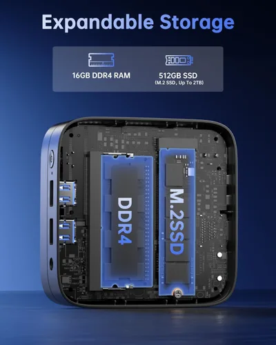 Vista 4 de KAMRUI Mini PC Celeron J3455, Mini computadora de escritorio, 86B DDR/128GB eMMC pequeña computadora 4K soporte 2.5" SSD/mSATA SSD/2.4G+5G WiFi dual